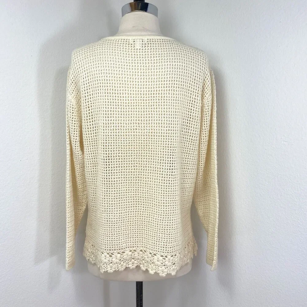 Otto Ivory Crochet Velvet Patchwork Top Large Long Sleeves Romantic Boho Whimsy